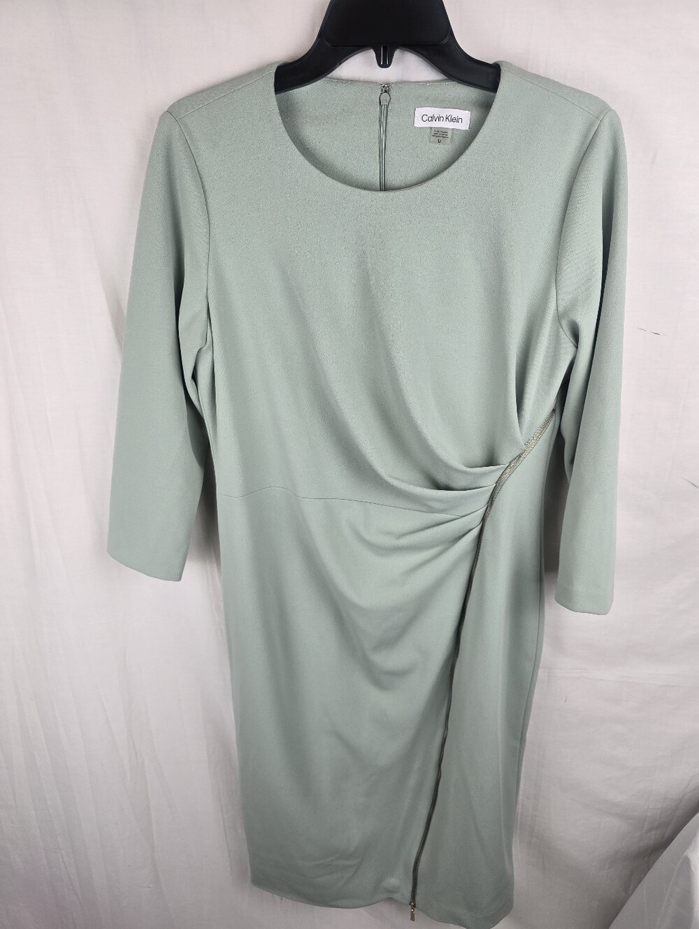 Calvin Klein Sage Green 3/4th Sleeve Twist-Front Sheath Zipper Front Dress Sz 12 - Picture 2 of 11